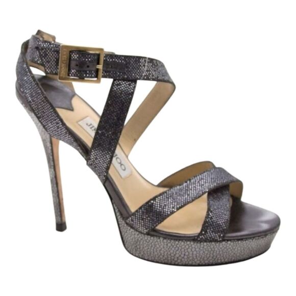 Jimmy Choo Vamp Metallic Silver & Black Platform Heel Sandals Size EU 38.5 - Picture 1 of 14